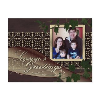 christmas card - holiday card - vines on classy chocolate brown damask background