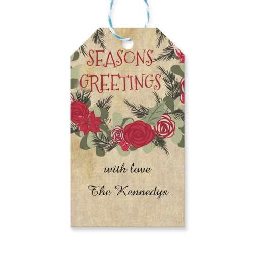 Season's Greetings Vintage Floral Wreath Holiday Pack Of Gift Tags