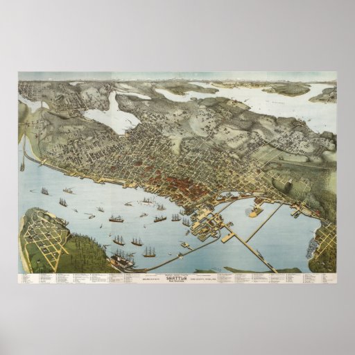 Seattle birdseye map  - 1891 (Koch) BigMapBlog Print