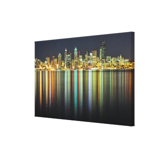 Seattle skyline at night with reflection stretched canvas prints