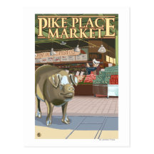SeattleFish Toss and Bronze Pig at Pike Place Postcards