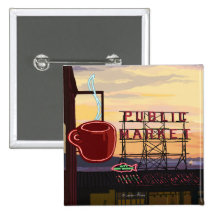SeattlePike Place Market Sign and Water View Pinback Button