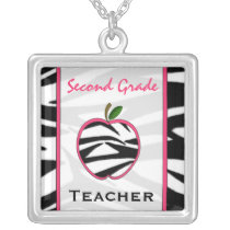 Second Grade Teacher Zebra Print Apple Necklace
