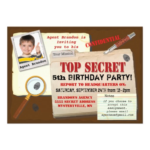 Secret Agent Spy Top Secret Birthday Party Invite (front side)