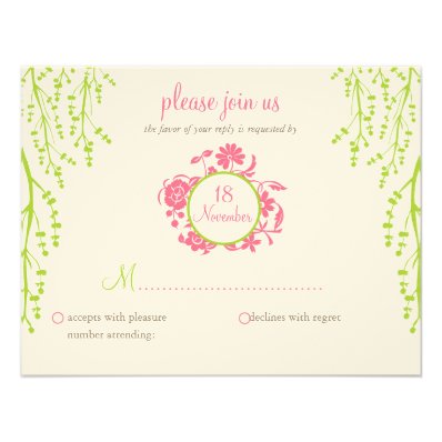 Secret Garden Wedding RSVP Card Pink & Green Custom Invites