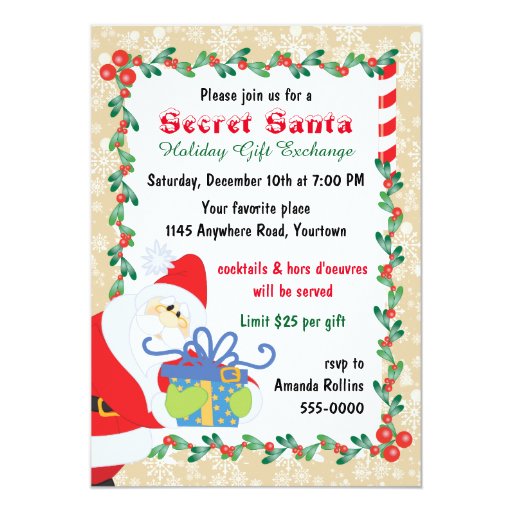 secret santa with present 5x7 paper invitation card secret santa invitation template