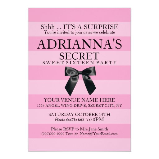 Secret Surprise Sweet Sixteen Party Pink Stripes Personalized Announcement