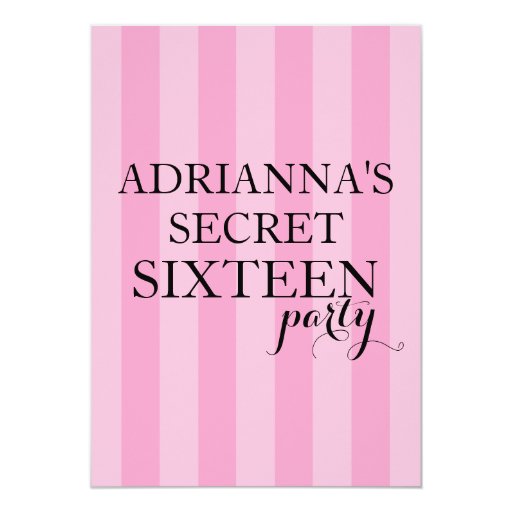Secret Surprise Sweet Sixteen Party Pink Stripes Personalized Announcement (front side)