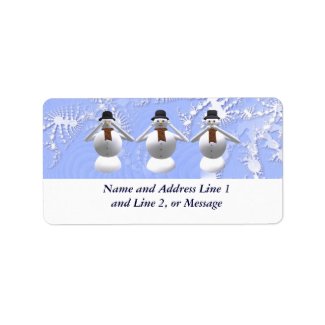 Three snowmen on sheets of Avery labels as Christmas gift wrap or name and address labels