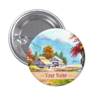 Seki K Country Farm by Stream in Autumn scenery Pinback Buttons