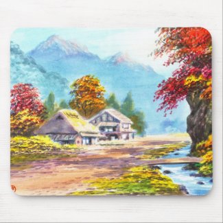 Seki K Country Farm by Stream in Autumn scenery Mouse Pad