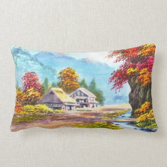 Seki K Country Farm by Stream in Autumn scenery Throw Pillows