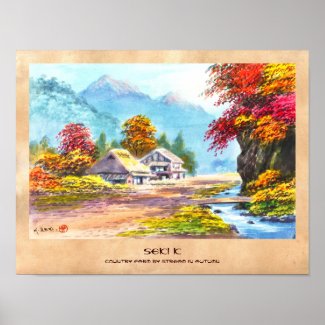 Seki K Country Farm by Stream in Autumn scenery Print