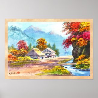 Seki K Country Farm by Stream in Autumn scenery Poster