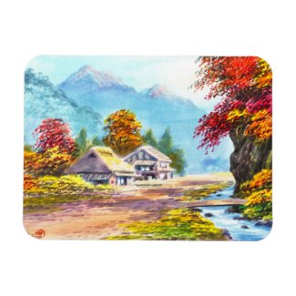 Seki K Country Farm by Stream in Autumn scenery Rectangle Magnets