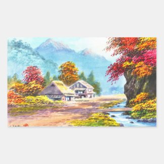 Seki K Country Farm by Stream in Autumn scenery Rectangle Sticker