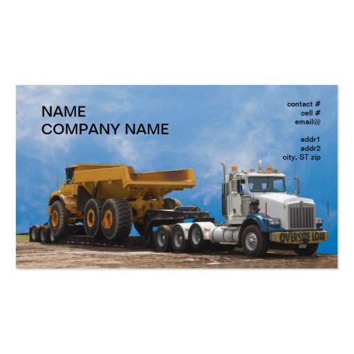 semi truck and trailer hauling a large dumptruck business card (front side)