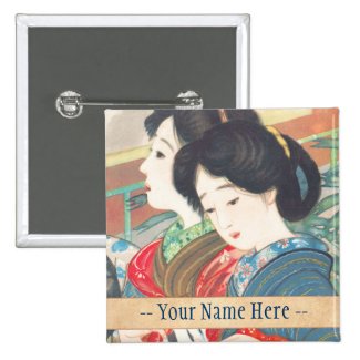 Sengai Igawa Two Bijin japanese girls oriental art Pinback Buttons
