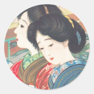 Sengai Igawa Two Bijin japanese girls oriental art Round Stickers