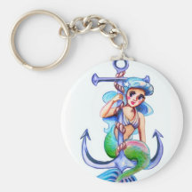 Señora retra azul náutica de la sirena llaveros personalizados