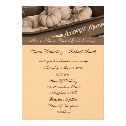 Sepia Pumpkins In Wagon Fall Wedding Invitation