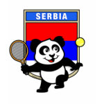 This adorable little panda loves to get out on the court and hits some balls. Panda plays in front of a large flag of Serbia. This is a great design for anyone who loves to play tennis, watch tennis or just loves cute pandas.
