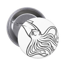 Serious Giant Squid in Black and White Pinback Buttons