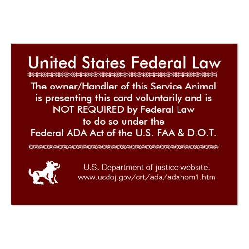 Service Dog Rights Card Large Business Cards (Pack Of 100) | Zazzle
