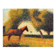 Seurat horse and cart painting pointillist art post card
