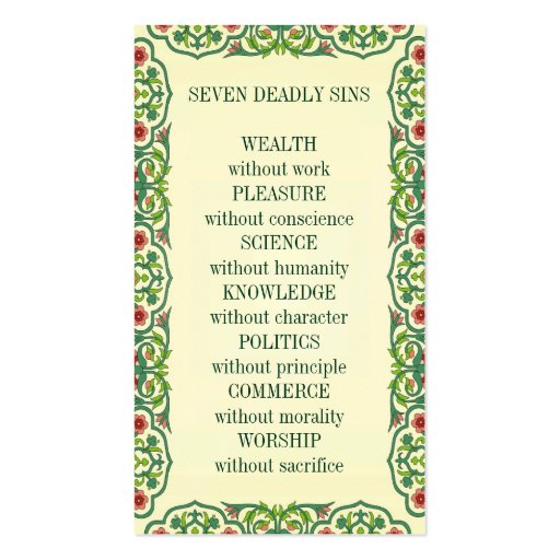 Seven Deadly Sins Wealth Without Work Pleasure Business Card Zazzle