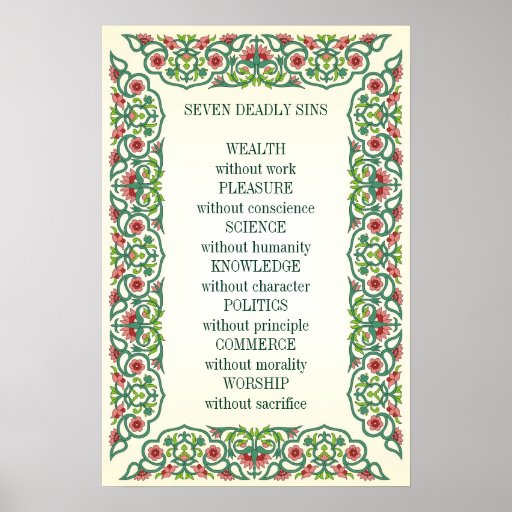 Seven Deadly Sins Wealth Without Work Pleasure Poster Zazzle