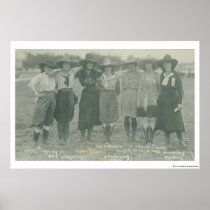 Seven rodeo cowgirls posing for a photograph. posters