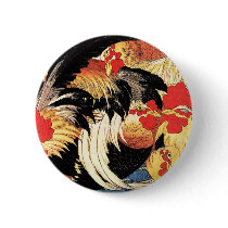Seven Roosters, Hokusai Pinback Button