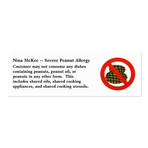 Severe Peanut Allergy Profile Card for Restaurants Business Card Templates (front side)