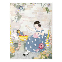 Sewing in a Garden of Foxglove & Poppies Postcards