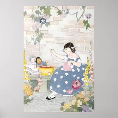 Sewing in a Garden of Foxglove & Poppies Poster