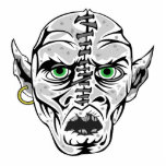 sewn up ghoul skull photo sculpture