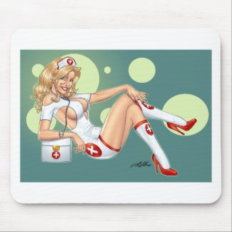 Sexy Blond Nurse, pulling up stockings by Al Rio mousepad