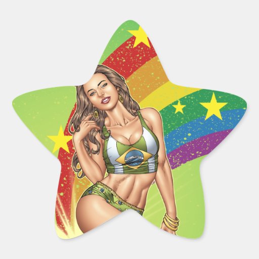 Sexy Brazilian Girl wearing  Brazil Flag + Rainbow Star Sticker