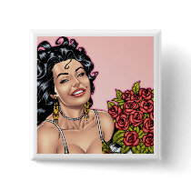 Sexy Brunette with Roses Square Button by Al Rio