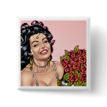 Sexy Brunette with Roses Square Button by Al Rio