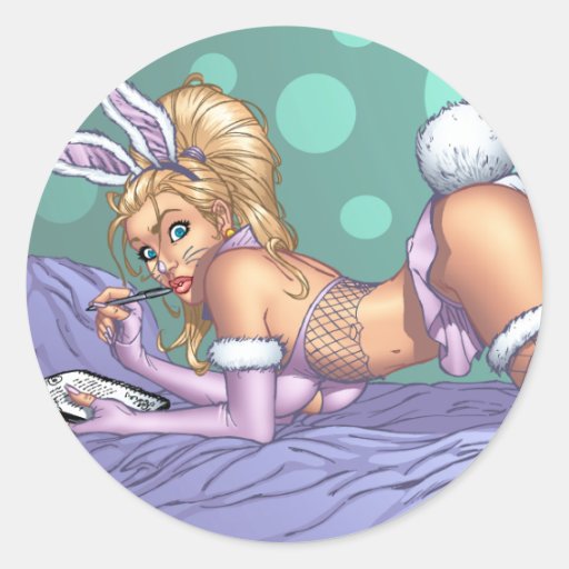 Sexy Bunny Pinup Girl Caught Writing by Al Rio Round Sticker