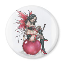 sexy, cherry, fairy, red, fruit, pinup, rockabily, gothic, goth, punk, emo, fae, fantasy, dark, art, painting, black, wings, delphine, levesque, demers, faeries, Magnet with custom graphic design
