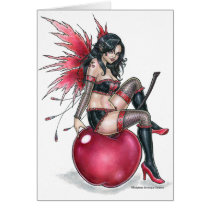 sexy, cherry, fairy, red, fruit, pinup, rockabily, gothic, goth, punk, emo, fae, fantasy, dark, art, painting, black, wings, delphine, levesque, demers, faeries, Card with custom graphic design