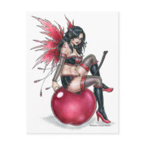 sexy, cherry, fairy, red, fruit, pinup, rockabily, gothic, goth, punk, emo, fae, fantasy, dark, art, painting, black, wings, delphine, levesque, demers, faeries, Postcard with custom graphic design