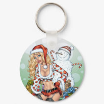 Sexy Christmas Pin-up Girl with Snowman by Al Rio keychains