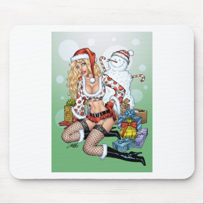 Sexy Christmas Pin-up Girl with Snowman by Al Rio mousepads