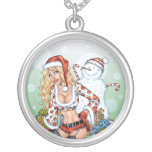 Sexy Christmas Pin-up Girl with Snowman by Al Rio Personalized Necklace