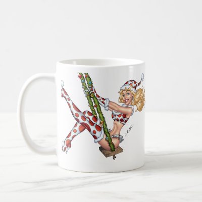 Sexy Christmas Pinup Girl on Swing by Al Rio mugs