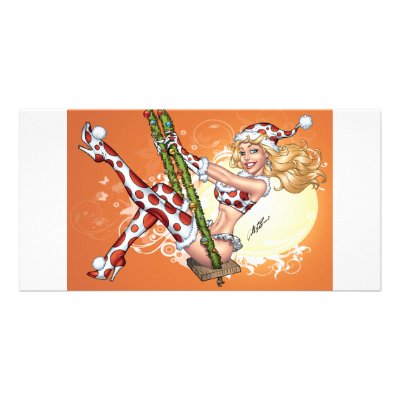 Sexy Christmas Pinup Girl on Swing by Al Rio photo cards